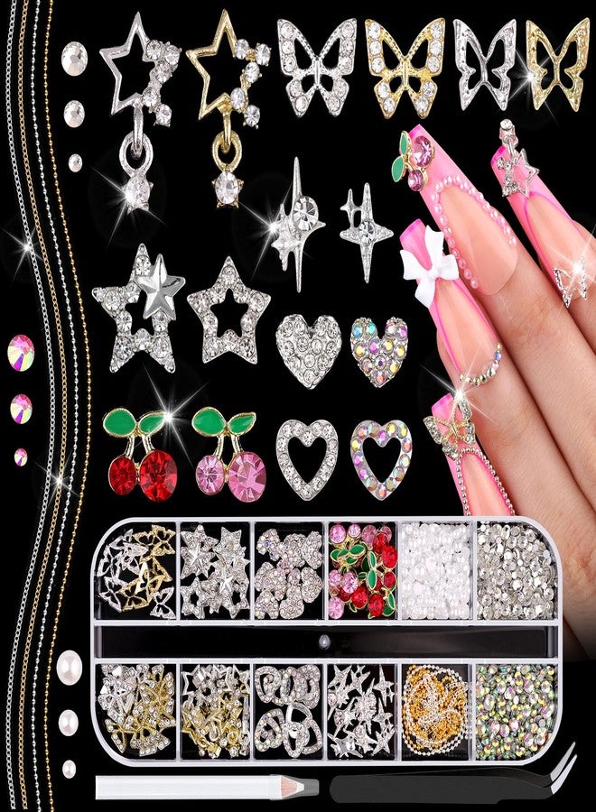 BELLEBOOST 80Pcs 16 Styles 3D Nail Charms and Flatback Gems Pearl + Nail Chains, Silver Shiny Luxury Gems, Crystal Diamond Jewels Studs with Rhinestones for Nail Design, Nail Art Decor Set for Acrylic Nails - Image 1